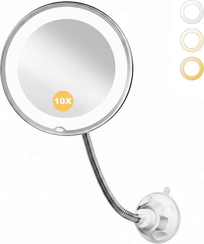 10x Makeup Mirror with Lights, Magnifying Mirror 3 Light Modes Silver | Wall-Mounted Lighted Vanity Makeup Mirror, Cordless Battery Operated LED Mirror with Suction Cups for Shower Bathroom