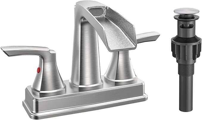 Fapully Bathroom Faucet, Waterfall Bathroom Sink Faucet Widespread, 4 Inch Centerset Brushed Nickel Faucet for Bathroom Sink with Pop-up Drain