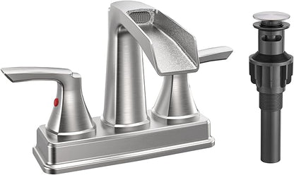Fapully Bathroom Faucet, Waterfall Bathroom Sink Faucet Widespread, 4 Inch Centerset Brushed Nickel Faucet for Bathroom Sink with Pop-up Drain