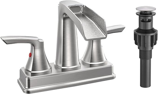 Fapully Bathroom Faucet, Waterfall Bathroom Sink Faucet Widespread, 4 Inch Centerset Brushed Nickel Faucet for Bathroom Sink with Pop-up Drain