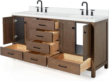 ARIEL Cambridge 72-inch Bathroom Vanity with Sink,Solid Wood, 1.5-inch Pure White Quartz Countertop & Backsplash, Double Oval Porcelain Sink, 4 Soft Closing Doors, 6 Dovetail Drawers, Brown Oak