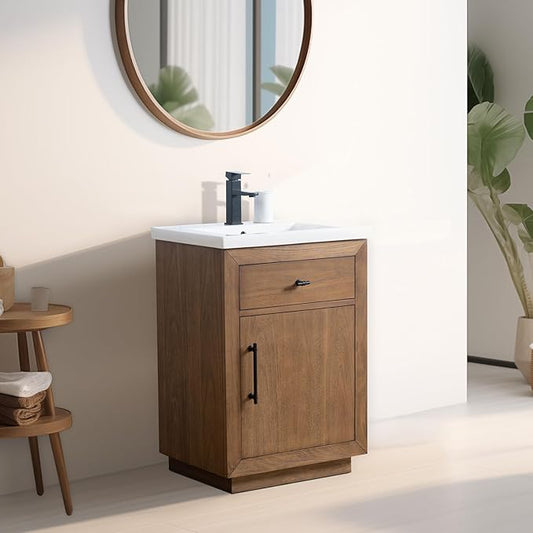 Vanity Art 24 inch Bathroom Vanity with Sink, Solid Poplar Wood, Vanity Cabinet with Doors and Removable Shelf, Modern Wood Cabinet with Marble Top, Ceramic Sink,VA70-24-T