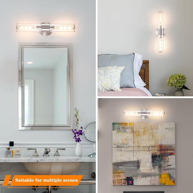Brushed Nickel Wall Sconces Set of 2 (Hardwired Only), Bathroom Vanity Light Fixtures, Modern Cylinder Glass Wall Lights for Mirror 28-40 in Height, NOT Battery Operated, E26 Base (Bulbs Not Included)
