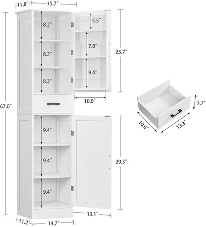 TEENFON Tall Storage Cabinet with 3 Door Shelves & 1 Drawer, Narrow Kitchen Pantry Cabinet for Living Room, Bathroom, Entryway, White