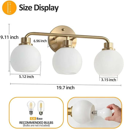 Bathroom Light Fixtures Gold Vanity Light 3 Light Brushed Brass | Wall Sconces Lighting with Milk Globe Glass Shades Bath Wall Lamp for Mirror Kitchen Living Room Bedroom Hallway