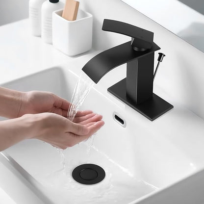 Matte Black Bathroom Faucet with Lift Rod Drain, Waterfall Bathroom Sink Faucet Modern Single Handle Bathroom Faucte 1 or 3 Hole, RV Mixer Tap Vanity Faucet Washbasin Faucet with Deck