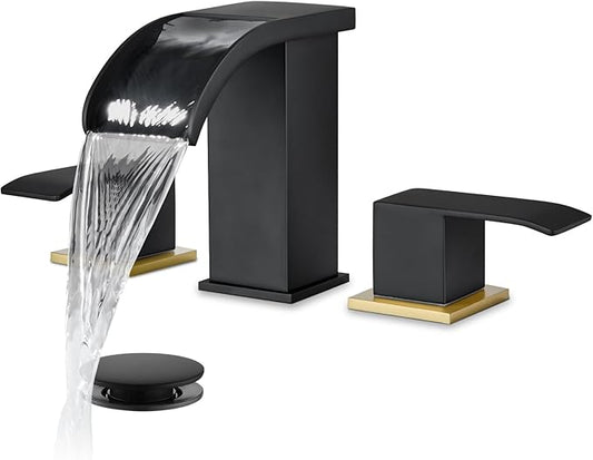 gotonovo Waterfall 8 inch Widespread Bathroom Faucet Set Bathroom Sink Faucet 3 Hole 2 Handle Vanity Lavatory Deck Mount with Pop Up Drain and Water Supply Lines Square Body Matte Black & Brushed Gold