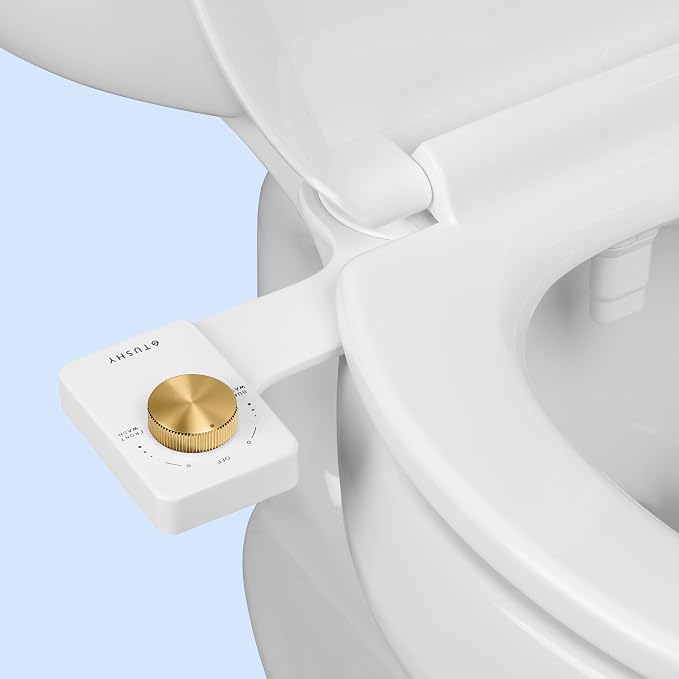 TUSHY Fresh Dual Nozzle Cool Water Bidet, Brushed Brass Knob | Ultra Slim Toilet Seat Attachment, Non-Electric, 180° Front and Rear Wash, Self-Cleaning, 10 Minute DIY Install