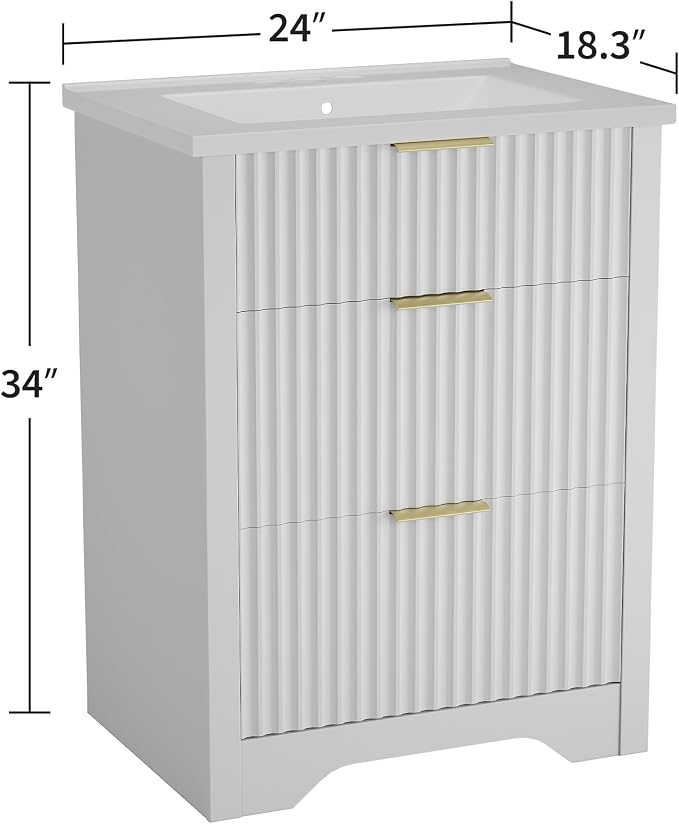 Garvee 24" Fluted Bathroom Vanity with Sink, Farmhouse Freestanding Bathroom Sink Cabinet with 2 Drawers & 1 Flip-Down Drawer, Easy Assembly & Cleaning, White