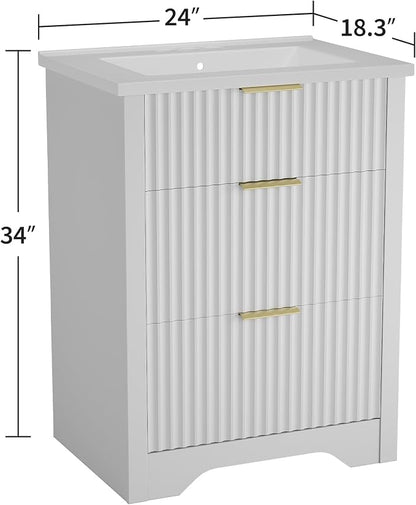 Garvee 24" Fluted Bathroom Vanity with Sink, Farmhouse Freestanding Bathroom Sink Cabinet with 2 Drawers & 1 Flip-Down Drawer, Easy Assembly & Cleaning, White