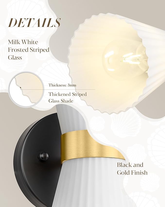 Wall Sconces Set of Two, HWH 14.3 Inch Black and Gold Bathroom Sconces with Frosted Milk White Striped Glass, Up Down Modern Wall Light fixtures for Living Room Bedroom, 5HZG97B-2W-2PK BK+BG