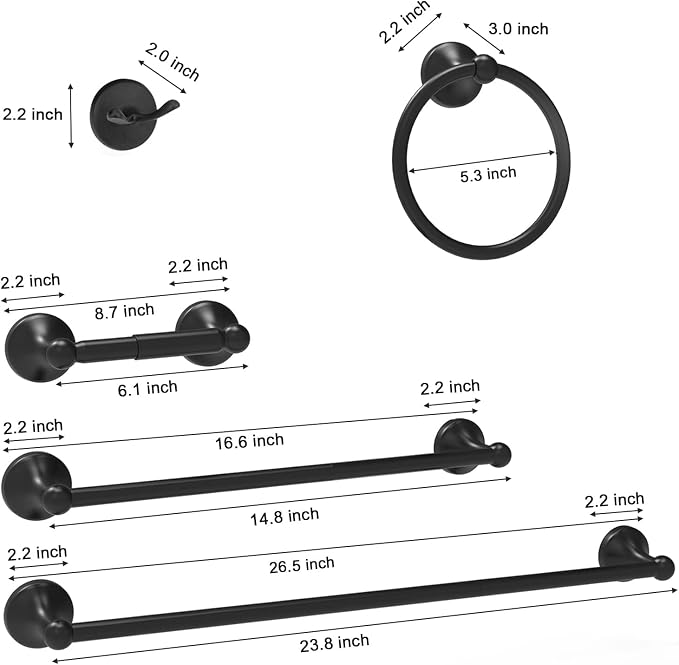 Newfun 8-Pieces 24 Inch Matte Black Bathroom Hardware Set | Bathroom Accessory Set, Includes 24" Adjustable Bath Towel Bar, Towel Rings Wall Mounted, Toilet Paper Holder, Towel Hooks