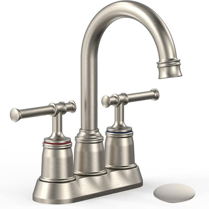 Classical Bathroom Faucets for Sink 2&3 Holes, 4 inch Bathroom Faucet, 360 Swivel Spout Centerset Brushed Nickel Bathroom Faucet with Pop Up Drain and cUPC Lead-Free Hose (Brushed Nickel)