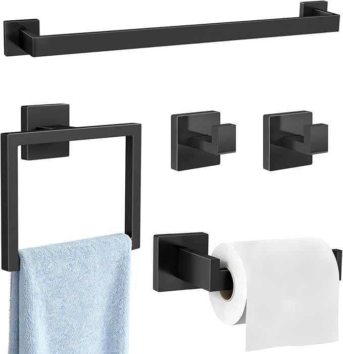 Gypie Bathroom Accessories Set Wall Mounted, 5-Piece 24In Matte Black | Stainless Steel Modern Wall Mount Towel Racks for Bathroom Towel Bar Set