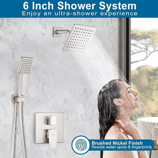 Shower Faucet Set Brushed Nickel 6 Inch Thickened Shower Head and Handle Set Shower System Wall Mounted Shower Fixture Include Shower Valve and Trim Kit
