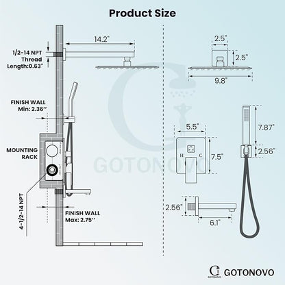 gotonovo Bathtub Shower Faucet Set, 10 Inch Shower Head, Matte Black | Wall Mounted Shower System with Tub Spout for Bathroom, Square High Pressure Rain Shower head with Handheld Spray, All Metal