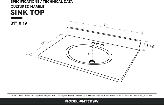 Cultured Marble Composite Bathroom Sink Top - Fits Standard 30” Vanity | Elegant and Durable Bathroom Sinks for Modern Homes - Upgrade Your Space - Perfect for Any Bathroom Design