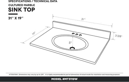 Cultured Marble Composite Bathroom Sink Top - Fits Standard 30” Vanity | Elegant and Durable Bathroom Sinks for Modern Homes - Upgrade Your Space - Perfect for Any Bathroom Design