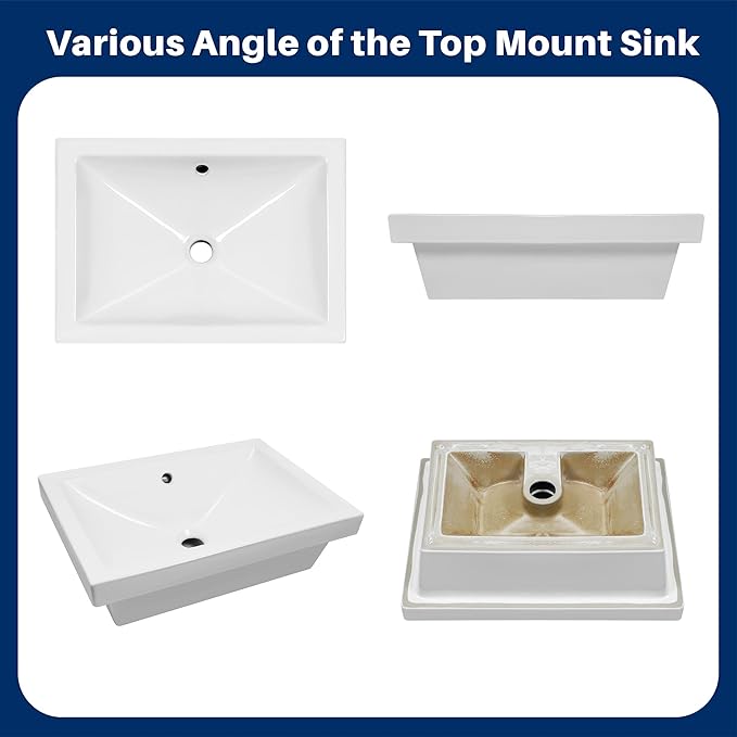 Enbol 20.6" x 14.7" Drop in Bathroom Sink Rectangle Vessel Sink Self-rimming Top Mount Bathroom Sink White Ceramic Lavatory Vanity with Overflow O2014-2