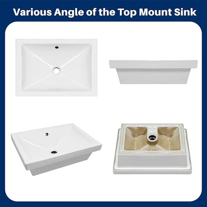 Enbol 20.6" x 14.7" Drop in Bathroom Sink Rectangle Vessel Sink Self-rimming Top Mount Bathroom Sink White Ceramic Lavatory Vanity with Overflow O2014-2