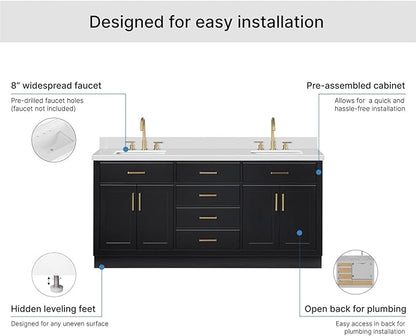 ARIEL Hepburn 72-inch Bathroom Vanity with Sink,Solid Wood, 1.5-inch Pure White Quartz Countertop & Backsplash, Double Rectangular Porcelain Sink, 4 Soft Closing Doors, 6 Dovetail Drawers, Black