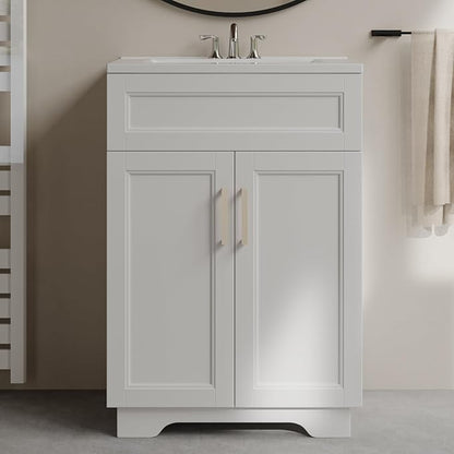 OLD CAPTAIN Bathroom Vanity with Ceramic Sink, Wooden Double Door Bathroom Storage Vanity with 24 Inch, Small Quick Assembly Bathroom Cabinet (White)