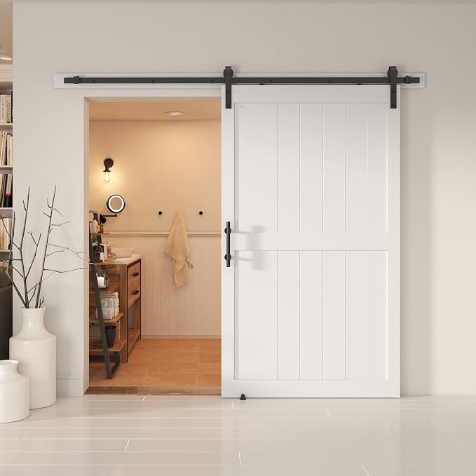 48''x 80'' Sliding Barn Door with 8 Ft Barn Door Hardware Kit | Pre-Drilled Holes Easy Assembly - Include Installation Manual, Water-Proof PVC Surface, H-Frame, White
