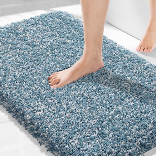 Yimobra Bathroom Rugs Non Slip Washable 36X24, Ultra Soft and Water Absorbent Bath Mats, Plush Fluffy Shower Mat Outside, Luxury Microfiber Thick Matts for Bathroom Floor/Tub, Denim Blue and White