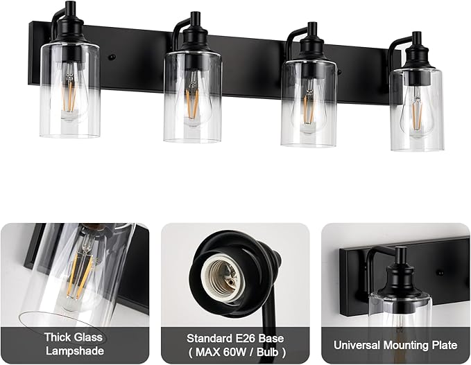 4-Light Bathroom Light Fixtures Modern Black Vanity Lights for Bathroom Lighting Fixtures Over Mirror for Cabinet Mirror Bedroom Hallway