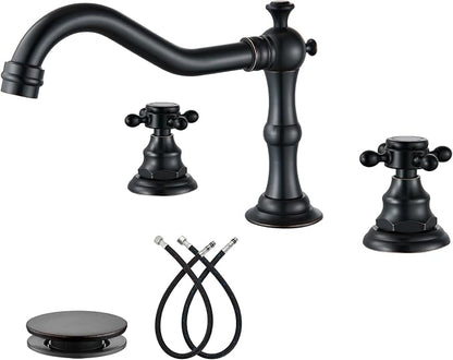 gotonovo 3 Hole 8’’ Widespread Bathroom Sink Faucet Oil Rubbed Bronze | Vintage Bathroom Faucet,2 Cross Handle,6-16’’ Sink,Vanity,Basin,RV,Farmhouse,SUS304,24’’ cUPC Hose Pop Up Drain,Deck Mount