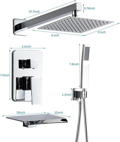 Chrome Shower Faucet Set with Tub Spout 8 Inch Rain Shower | Shower Head and Handle Set, Tub and Shower Faucet Combo Handheld Shower System Square Wall Mount for Bathroom
