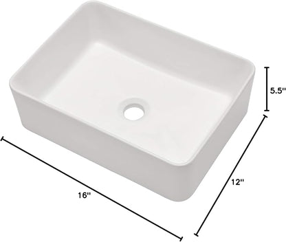 White Bathroom Vessel Sink Ceramic Vanity Art Basin Above Counter | 16x12 Inch Rectangular Bathroom Sink Porcelain Vessel Vanity Sink