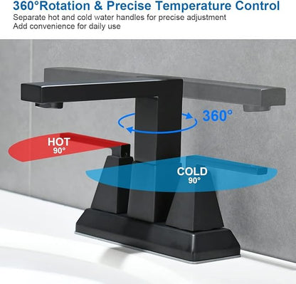 4 Inch Black Bathroom Faucets 3 or 2 Hole - 2 Handles Centerset Faucet Bathroom, Matte Black Vanity Sink Faucets with Pop-up Drain 360° Swivel Spout Suitable for RV Restroom Remodel