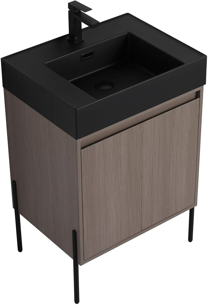 Crownpoint 24 Inch Bathroom Vanity with Sink, Black Sink, Gray Oak Finish, Full Assembly Required, Elegant Bathroom Vanities for Modern Homes