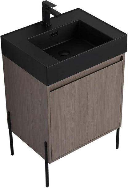 Crownpoint 24 Inch Bathroom Vanity with Sink, Black Sink, Gray Oak Finish, Full Assembly Required, Elegant Bathroom Vanities for Modern Homes