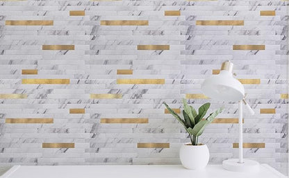 Art3d Faux Stone Peel & Stick Backsplash Tile, 10pcs, White with Metal Gold | PVC, Multi-Style Decor Sheets, Waterproof, Traceless Peel, No Wall Damage, Ideal for Kitchen