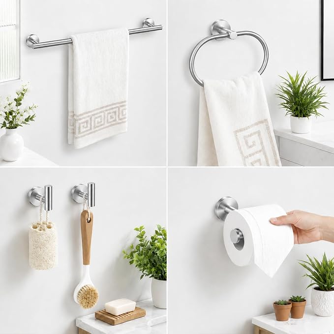 Silver Bathroom Accessories Set, 7 Pieces Silver Towel Bar Bathroom Hardware Set, 24 Inch Towel Racks for Bathroom, SUS304 Stainless Steel Bathroom Towel Holder Toilet Paper Holder Wall Mounted