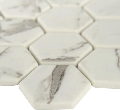 MSI Statuario Celano Hexagon Glass Tile for Kitchen Backsplash, Wall Tile for Bathroom, Accent Wall Tile, and Shower Wall Tile, 12.75 in. x 11.02 in. Mesh-Mounted Mosaic Tile, White