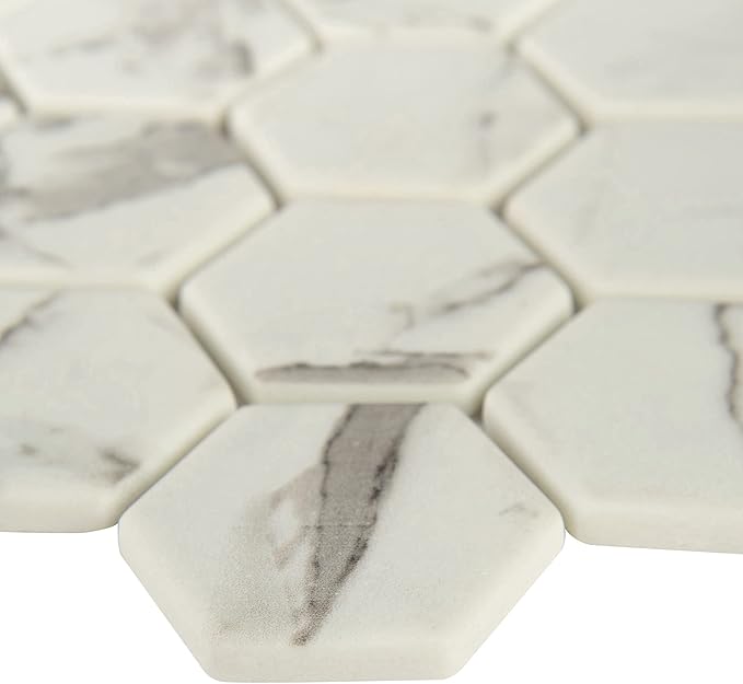 MSI Statuario Celano Hexagon Glass Tile for Kitchen Backsplash, Wall Tile for Bathroom, Accent Wall Tile, and Shower Wall Tile