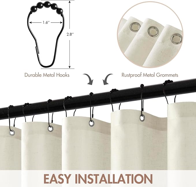 MIULEE White Scalloped Linen Shower Curtain 72W x 72L | 12 metal hooks, Linen scalloped, waterproof washable, thick heavy cloth, black border, boho farmhouse, bathroom hotel use