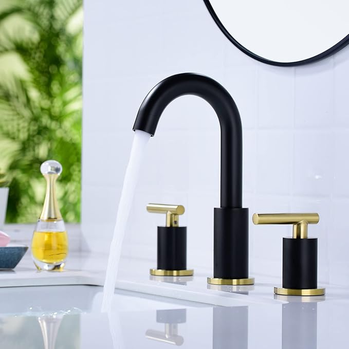 TRUSTMI Brass Bathroom Faucet 2 Handle 8 Inch Widespread Vanity Sink Mixer Faucet with Overflow Pop Up Drain Assembly, Swivel Spout, Matte Black and Brushed Gold