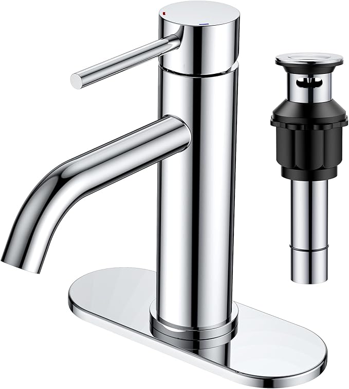 FORIOUS Single Hole Bathroom Faucets 1 Handle, Chrome Bathroom Sink Faucet with Metal Pop up Drain and Supply Hose, Suitable for Vanity Lavatory Restroom Remodel