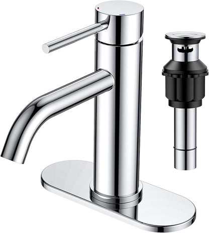 FORIOUS Single Hole Bathroom Faucets 1 Handle, Chrome Bathroom Sink Faucet with Metal Pop up Drain and Supply Hose, Suitable for Vanity Lavatory Restroom Remodel