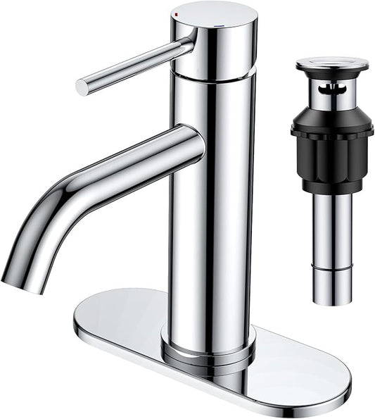 FORIOUS Single Hole Bathroom Faucets 1 Handle, Chrome Bathroom Sink Faucet with Metal Pop up Drain and Supply Hose, Suitable for Vanity Lavatory Restroom Remodel