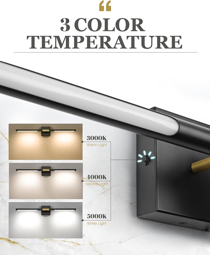 24 Inch Bathroom Light Fixtures, 16W 3CCT Dimmable CRI90 Black and Gold LED Vanity Lighting Fixtures Over Mirror, 360° Rotatable Modern Bathroom Vanity Light Bar, AD-W9465-L60-BK