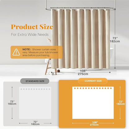 BTTN 108 Extra Wide Shower Curtain - 108x72 Linen Textured Heavy Duty Fabric Shower Curtain Set with 18 Plastic Hooks, Large Neutral Cloth Shower Curtains for Bathroom and Clawfoot Tub, Cream/Beige