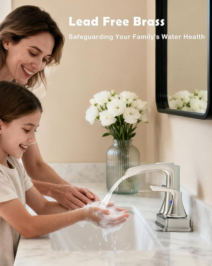 Fapully Bathroom Faucet, Waterfall Bathroom Sink Faucet Widespread, 4 Inch Centerset Brushed Nickel Faucet for Bathroom Sink with Pop-up Drain