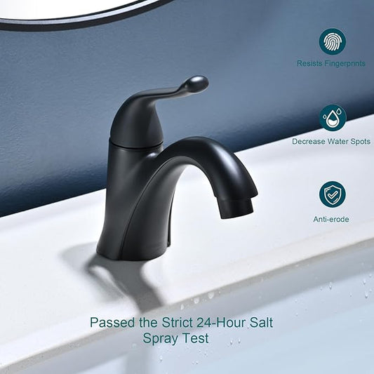 Matte Black Bathroom Faucet 1 Hole Brass Single Hole Handle Bathroom Faucets for Sink RV Vanity Faucet with Pop-up Drain and Flexible Hoses, Made of Heavy-Duty Thickened Brass and Metal (Black)