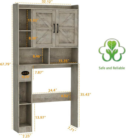 Vabches Over The Toilet Storage Cabinet with 2 Barn Doors, Grey | Farmhouse Storage Cabinet with Toilet Paper Holder Stand，Home Space-Saving Toilet Rack, for Bathroom, Restroom, Laundry