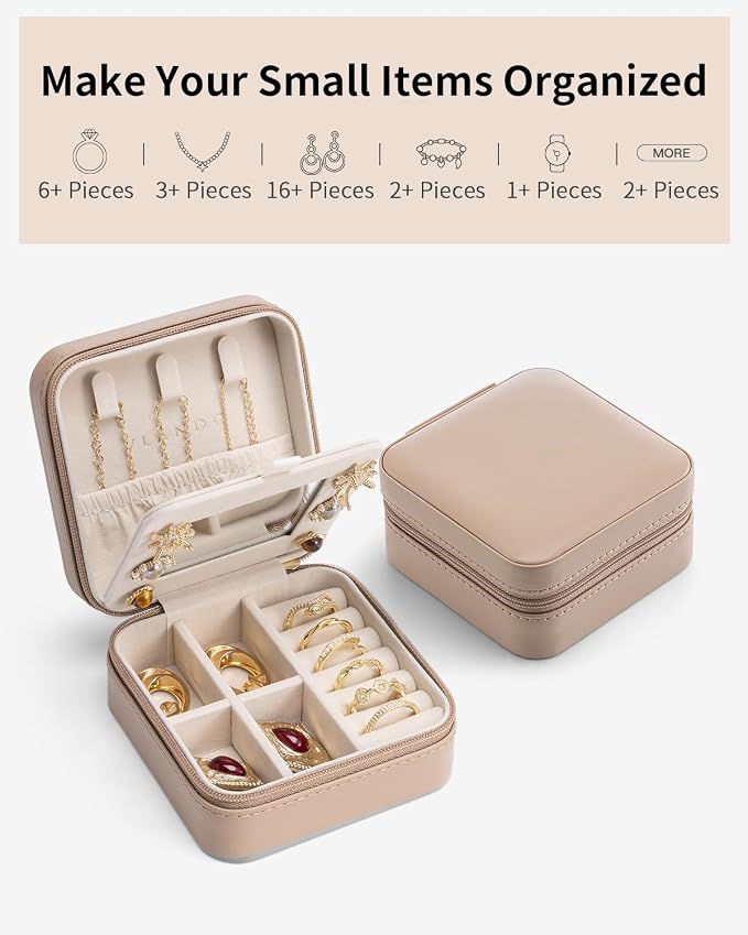 VLANDO Travel Jewelry Case with Mirror, Storage 3 Pairs of Stud Earrings | Necklace Hook for Anti-tangle, Removable Dividers, Waterproof PU Leather,Portable Storage for Rings, Necklace Gifts for Women
